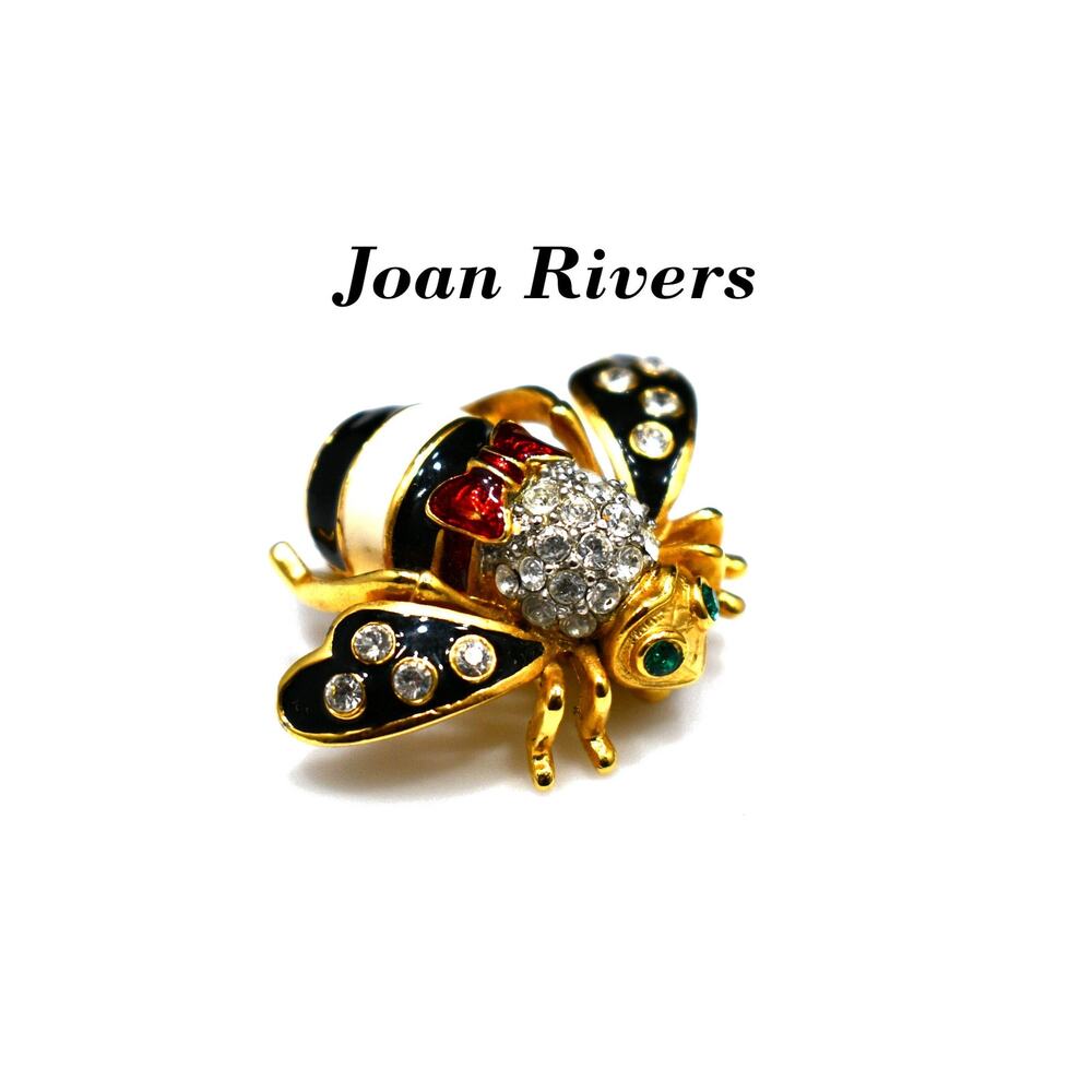 Vintage Joan Rivers Bee Brooch Rhinestone Enamel Gold Tone 1990s